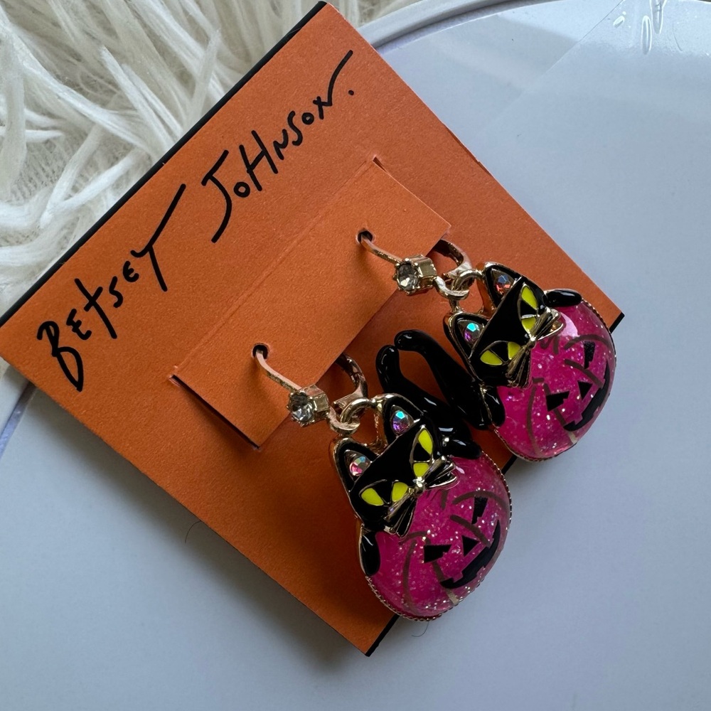 Betsey Johnson Rare Halloween Pink Pumpkin Black Cat Earrings - Picture 7 of 12